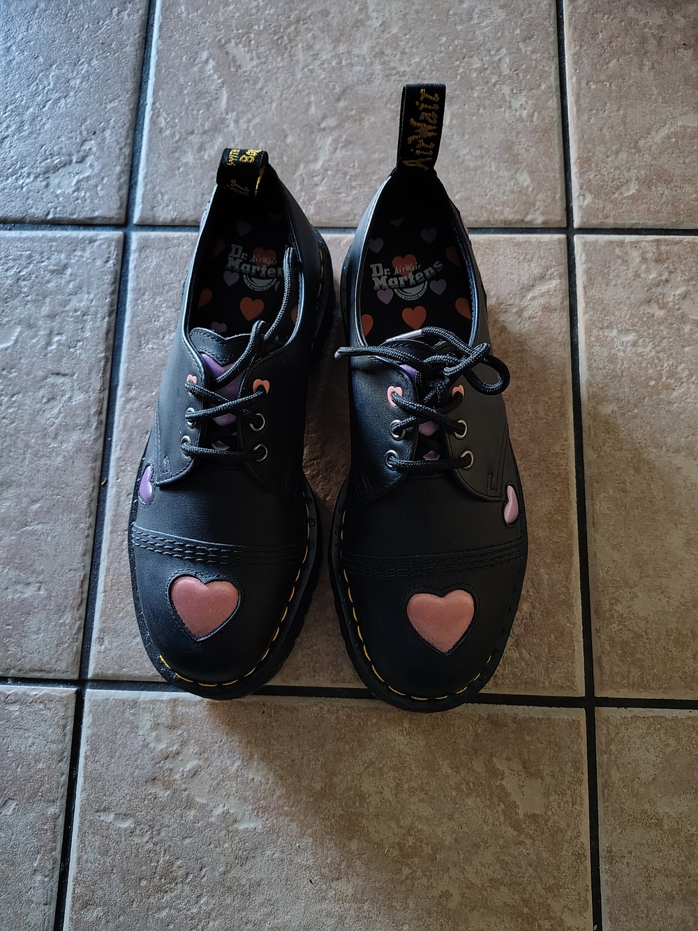 Dr. Martens Black Leather Heart Oxford Shoes - Pink And Purple Heart Accents